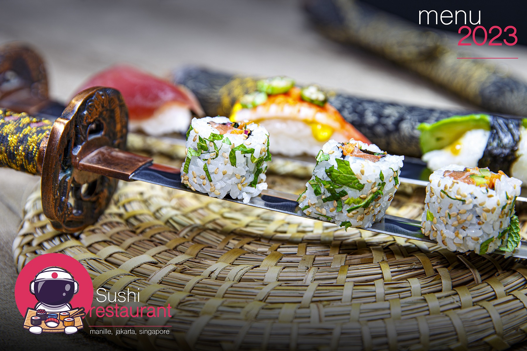 Japan food, sushi, seafood, salmon, tuna. Composition of Japan dishes, served on Japanese katana blades.