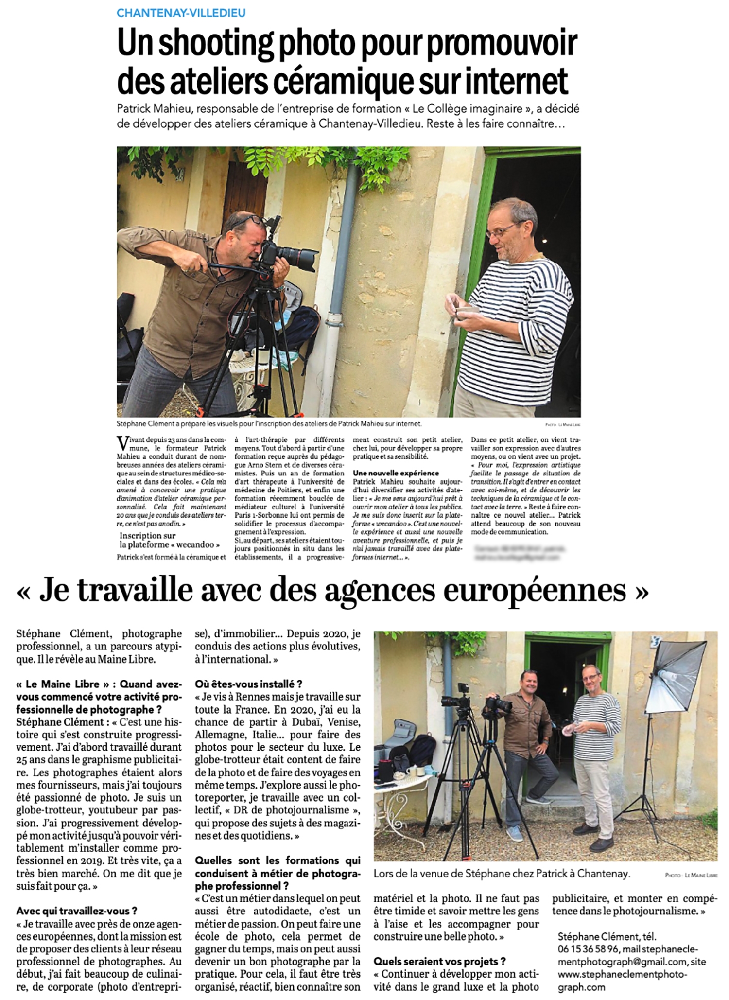 Stéphane Clément photographe professionnel, article journal ouest france le maine libre, aout 2021