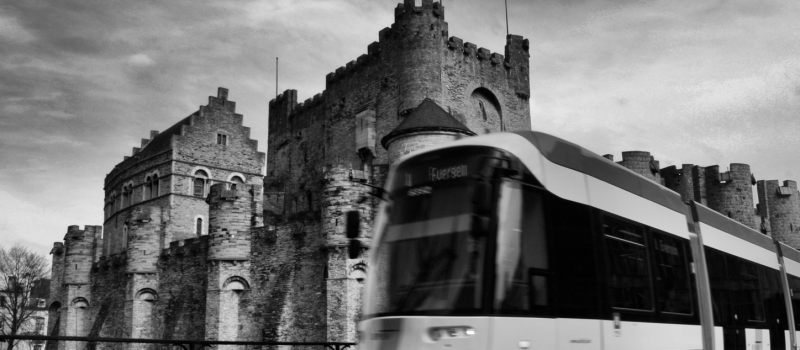 Pic/photo about Gant/Gent (Belgium) : tramway with cattle, pic in black and white.